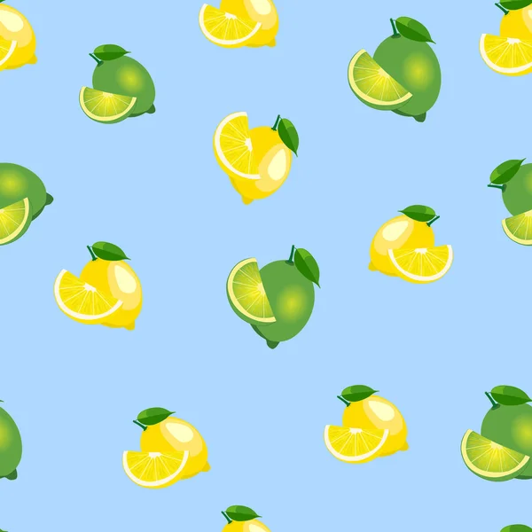 Patrón sin costuras con limones y limas con hojas y rebanadas. Fondo azul . — Vector de stock