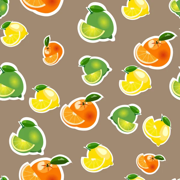 Bezešvý vzor s citronem, oranžovým, vápnem a plátky. Plody izolované na hnědém pozadí — Stockový vektor