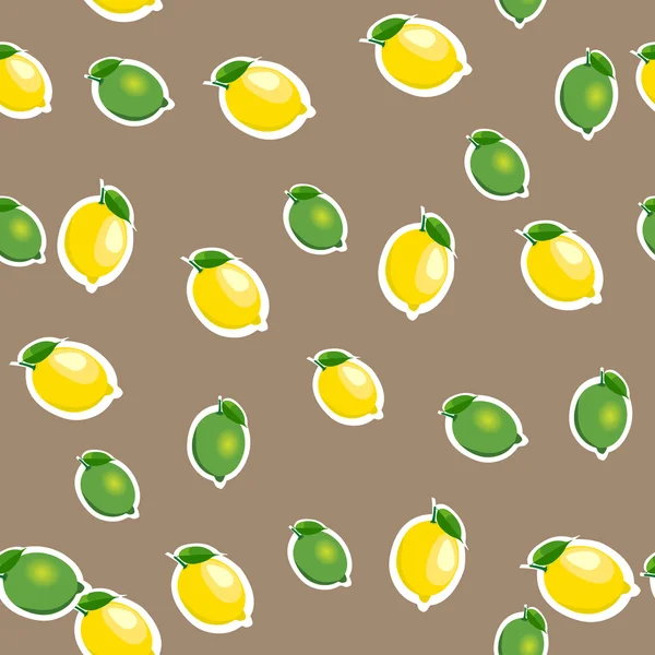 Motif sans couture avec de petits citrons et des citrons verts avec des feuilles. Fond brun . — Image vectorielle