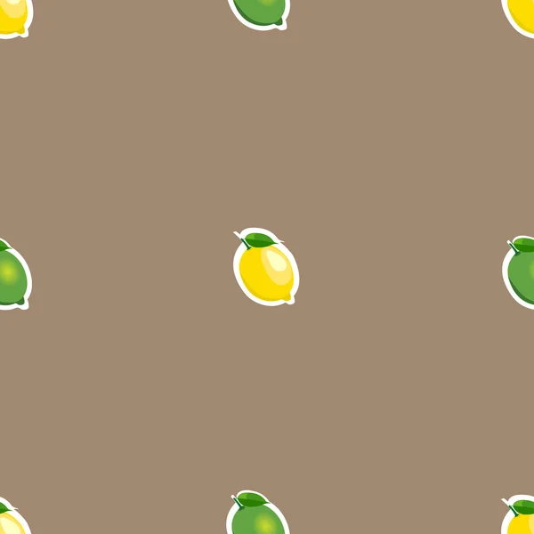 Бесшовный узор с маленькими лимонами и лаймами с зелеными листьями. коричневый фон . — стоковый вектор