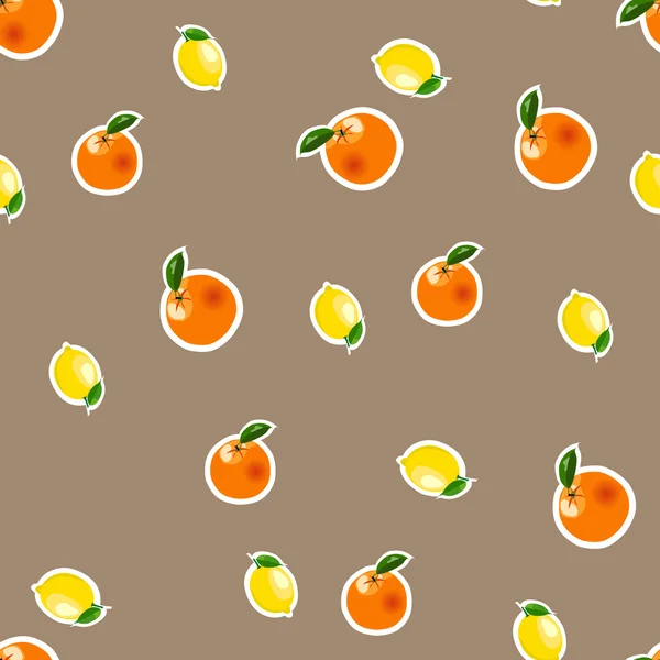 Küçük limon, portakal çıkartmaları ile dikişsiz desen. Meyve kahverengi bir arka plan üzerinde izole — Stok Vektör