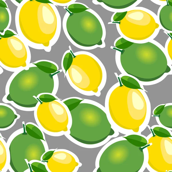 Patrón sin costuras con limones grandes y limas con hojas. Fondo gris . — Vector de stock