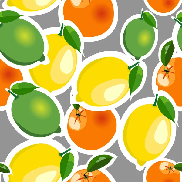 Padrão sem costura com limão, laranja, adesivos de limão. Frutas isoladas em um fundo cinza —  Vetores de Stock
