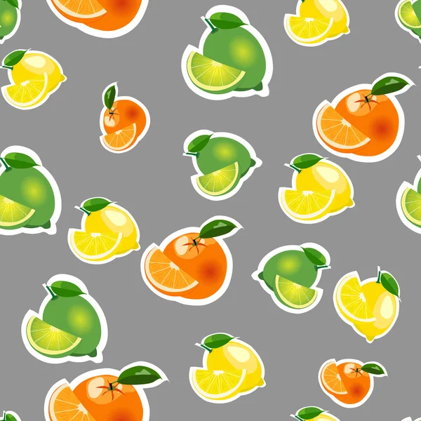 Vzor bezešvé s citron, pomeranč, vápno s plátky. Ovoce na šedém pozadí, samostatný — Stockový vektor