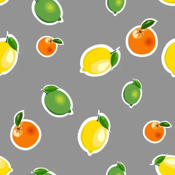 Бесшовный рисунок с лимоном, апельсином, лаймом. Фрукты выделены на сером фоне — стоковый вектор