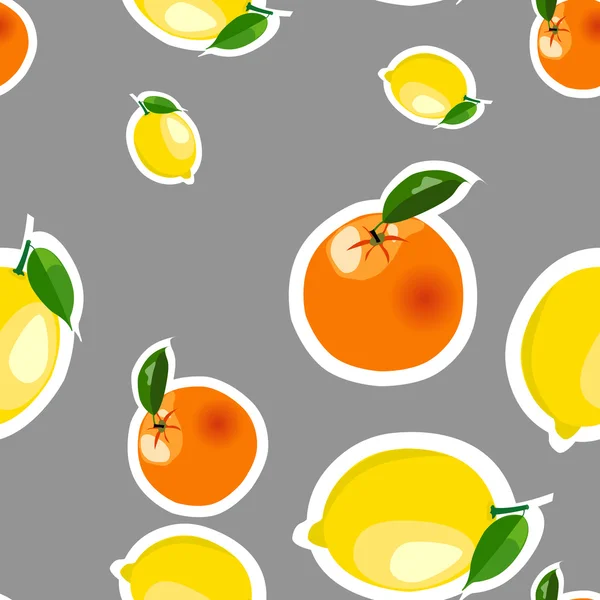 Padrão sem costura com limão, adesivos de laranja. Frutas isoladas em um fundo cinza — Vetor de Stock