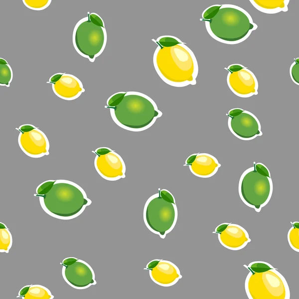 Бесшовный узор с маленькими лимонами и лаймами с зелеными листьями. Серый фон . — стоковый вектор