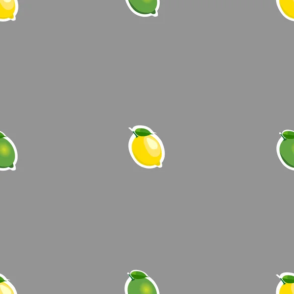 Бесшовный узор с маленькими лимонами и лаймами с зелеными листьями. Серый фон . — стоковый вектор