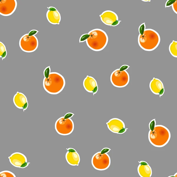 Vzor bezešvé s malým citrónem, oranžové nálepky. Ovoce na šedém pozadí, samostatný — Stockový vektor