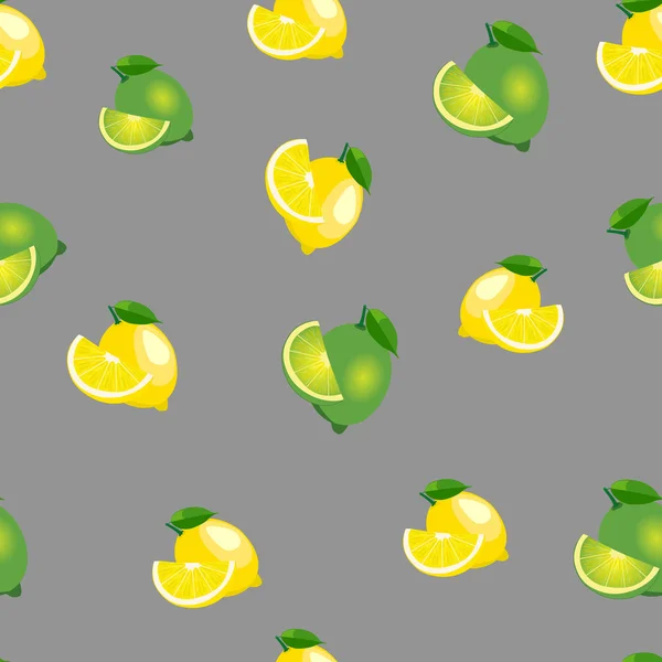 Patrón sin costuras con limones y limas con hojas y rebanadas. Fondo gris . — Vector de stock