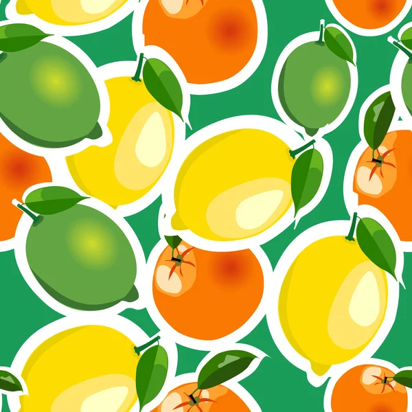 Padrão sem costura com limão, laranja, adesivos de limão. Frutas isoladas sobre fundo verde —  Vetores de Stock