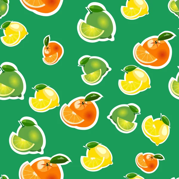 Vzor bezešvé s citron, pomeranč, vápno s plátky. Ovoce, samostatný na zeleném pozadí — Stockový vektor