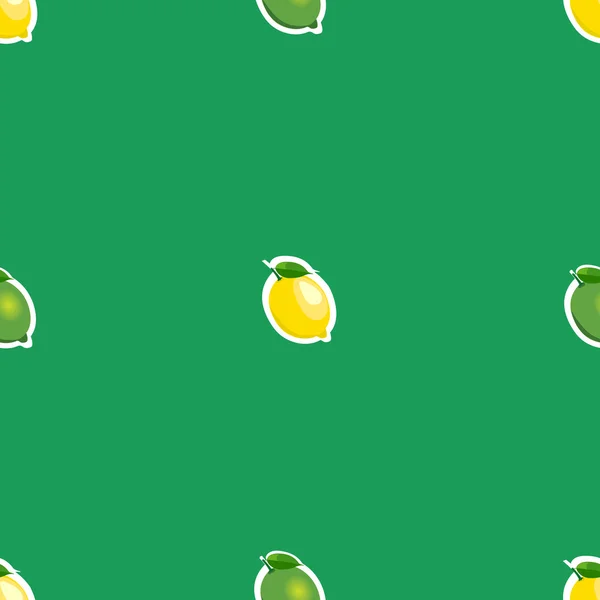 Patrón sin costuras con limones pequeños y limas con hojas verdes. Fondo verde . — Archivo Imágenes Vectoriales