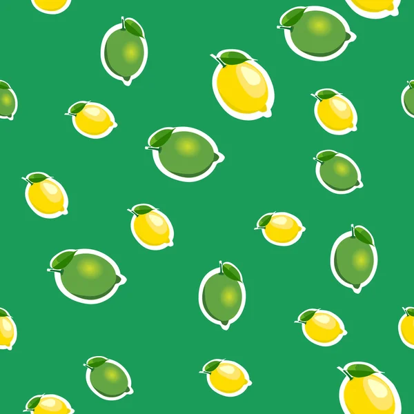 Seamless pattern with small lemons and limes with green leaves. Green background. — Stock Vector