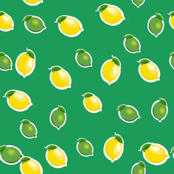 Seamless pattern with small lemons and limes with leaves. Green background. — Stock Vector