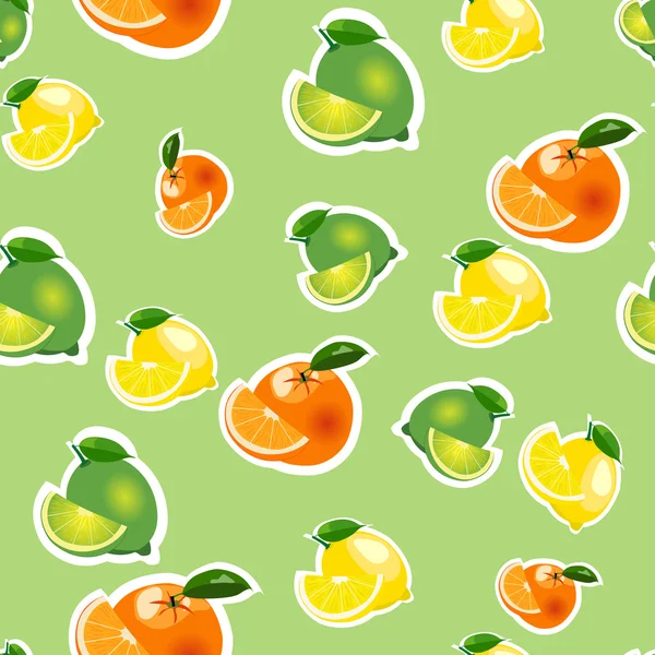 Seamless modeli ile limon, portakal, limon dilimleri ile. Açık yeşil arka planı üzerinde izole meyve — Stok Vektör