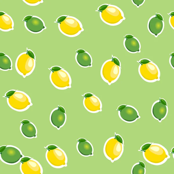 Pola mulus dengan lemon kecil dan jeruk nipis dengan daun. Latar belakang hijau muda . - Stok Vektor