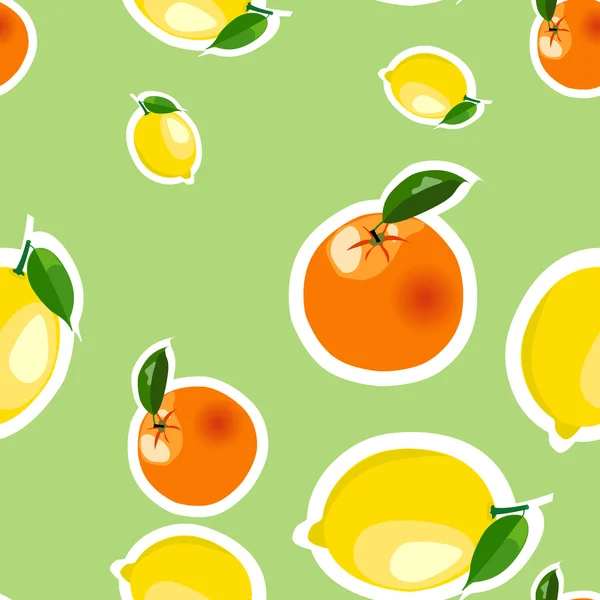 레몬, 주황색 스티커와 함께 완벽 한 패턴입니다. 밝은 녹색 배경에 고립 된 과일 — 스톡 벡터