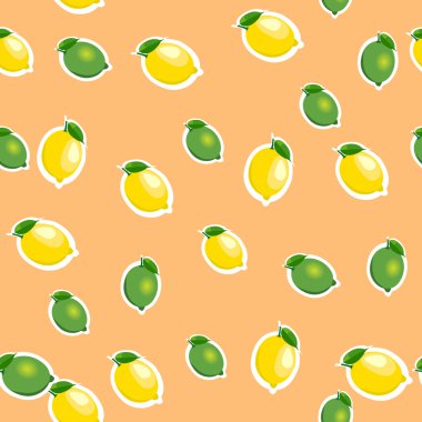 Küçük limon ve limes yaprakları ile ile Seamless modeli. Turuncu arka plan.