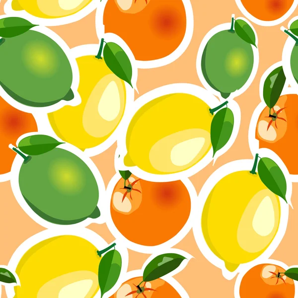 Motif sans couture avec des autocollants citron, orange, citron vert. Fruit isolé sur fond orange — Image vectorielle