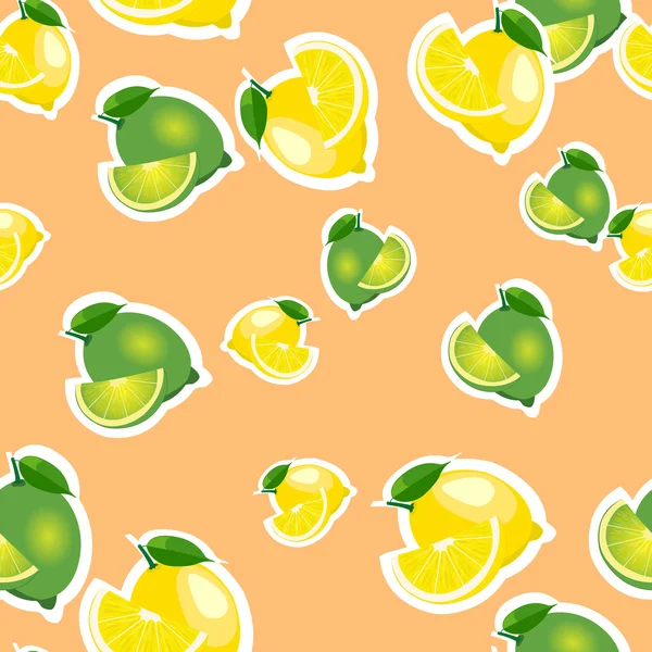 Seamless pattern with lemons and limes with leaves and slices stickers. Orange background. — Stock Vector