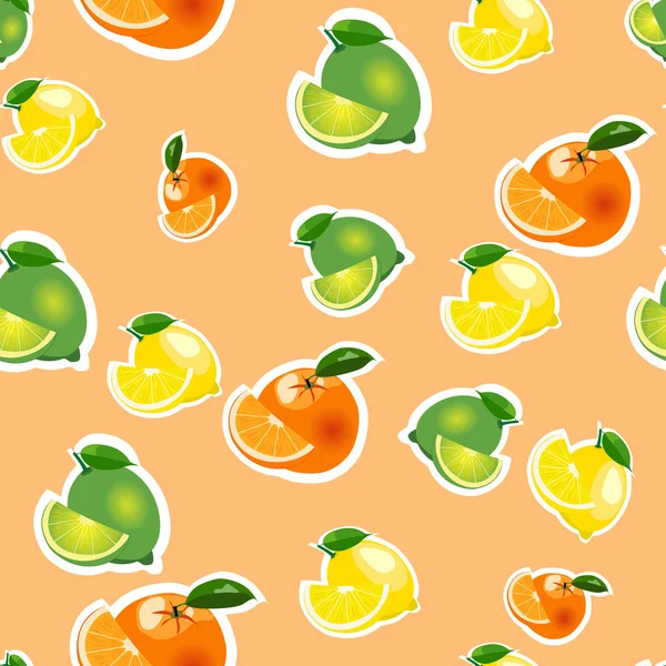 Padrão sem costura com limão, laranja, limão com fatias. Frutas isoladas num fundo laranja —  Vetores de Stock