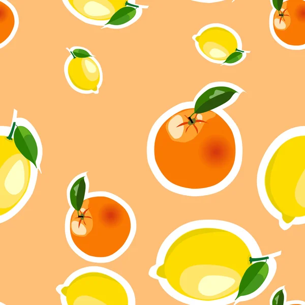 Modello senza cuciture con limone, adesivi arancioni. Frutta isolata su fondo arancione — Vettoriale Stock