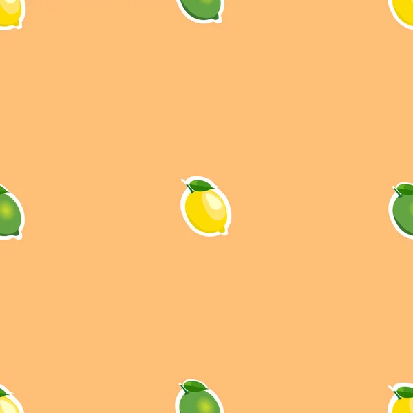 Seamless pattern with small lemons and limes with green leaves. Orange background. — Stock Vector