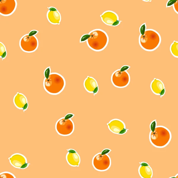 Patrón sin costuras con pequeñas pegatinas de limón y naranja. Fruto aislado sobre fondo naranja — Vector de stock