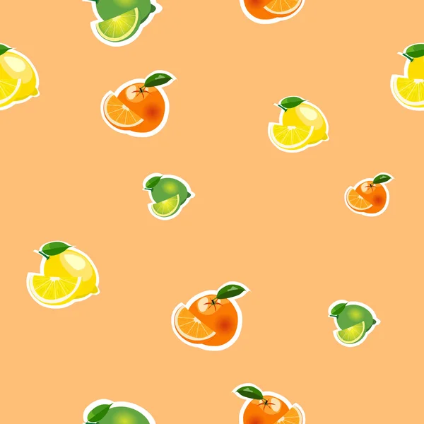 Padrão sem costura com limão pequeno, laranja, limão com fatias. Frutas isoladas num fundo laranja —  Vetores de Stock