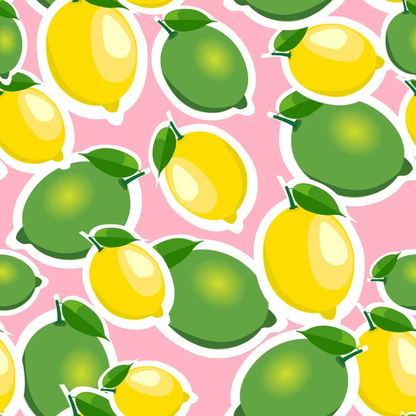 Patrón sin costuras con limones grandes y limas con hojas. Fondo rosa . — Vector de stock