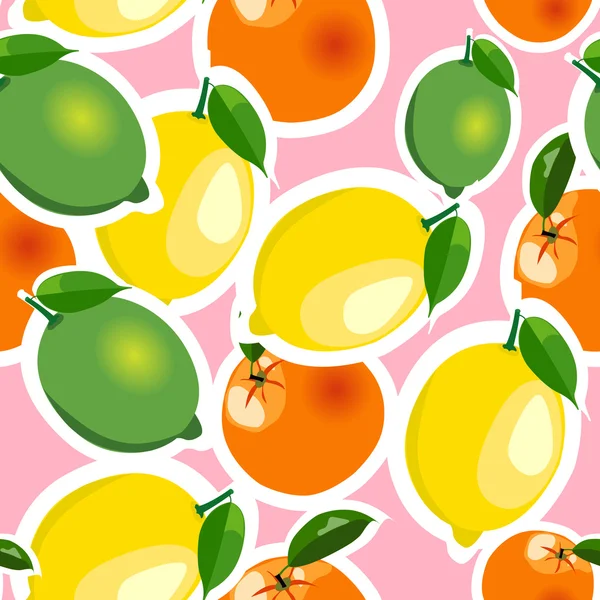 Motif sans couture avec des autocollants citron, orange, citron vert. Fruit isolé sur fond rose — Image vectorielle