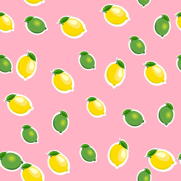 Patrón sin costuras con limones pequeños y limas con hojas. Fondo rosa . — Vector de stock