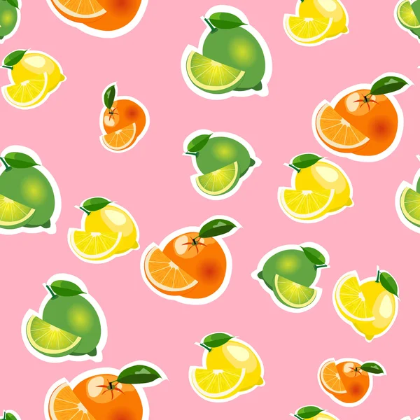 Padrão sem costura com limão, laranja, limão com fatias. Frutas isoladas sobre fundo rosa — Vetor de Stock