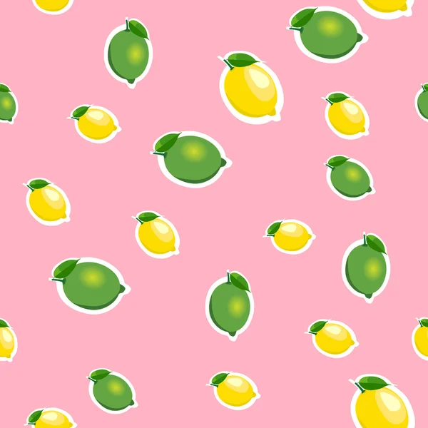 Nahtloses Muster mit kleinen Zitronen und Limetten mit grünen Blättern. rosa Hintergrund. — Stockvektor