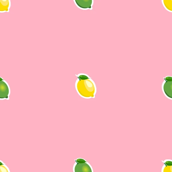 Bezszwowy wzór z małymi cytryną i limonkami z zielonymi liśćmi. Różowe tło. — Wektor stockowy