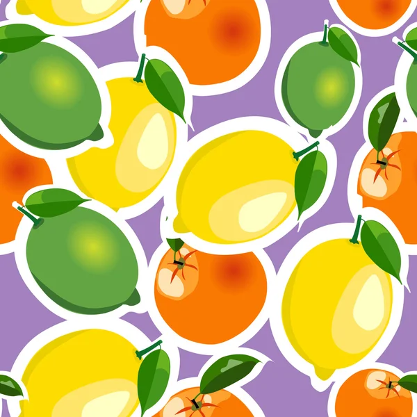 Motif sans couture avec des autocollants citron, orange, citron vert. Fruit isolé sur un fond violet — Image vectorielle