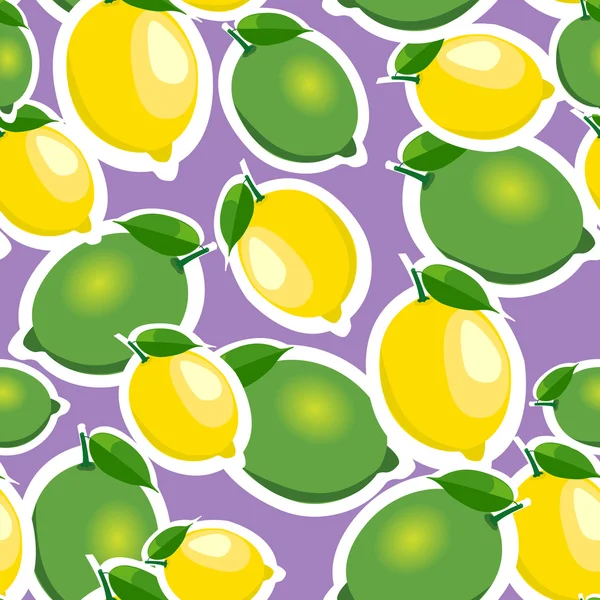 Seamless pattern with big lemons and limes with leaves. Purple background. — Stock Vector