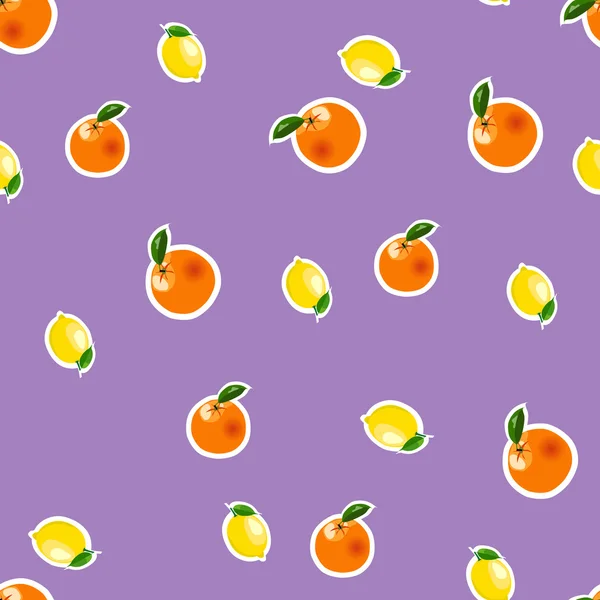 Bezešvé vzory s malými citroníky a oranžovými nálepkami. Plody izolované na purpurovém pozadí — Stockový vektor