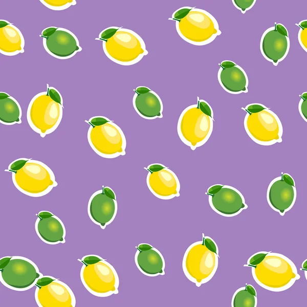 Seamless pattern with small lemons and limes with leaves. Purple background. — Stock Vector