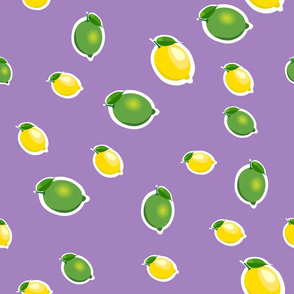 Seamless pattern with small lemons and limes with green leaves. Purple background. — Stock Vector