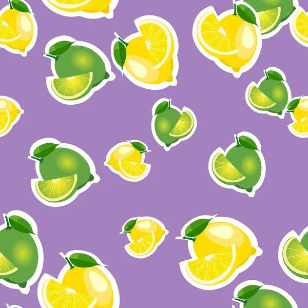 Modello senza soluzione di continuità con limoni e lime con foglie e fette adesivi. sfondo viola . — Vettoriale Stock