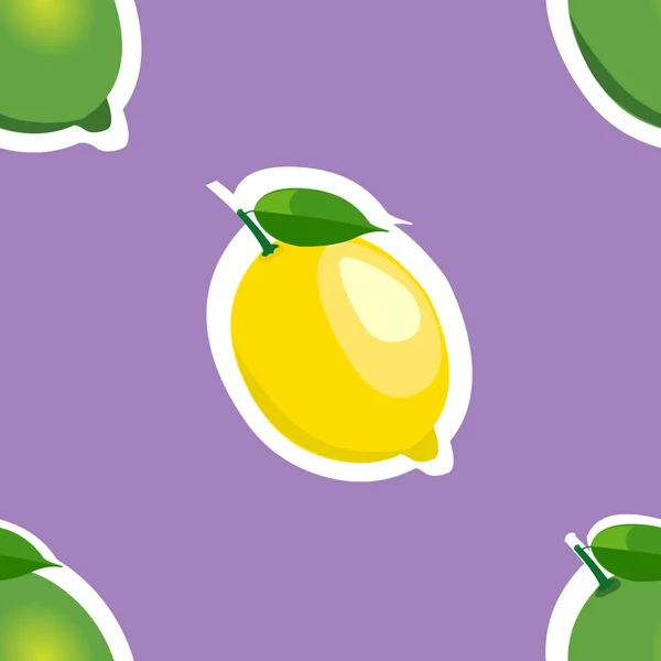 Patrón sin costuras con limones y limas con hojas. Fondo púrpura . — Vector de stock