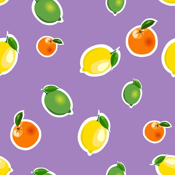 Χωρίς ραφές με λεμόνι, πορτοκαλί, λάιμ. Φρούτα απομονωμένα σε μωβ φόντο — Διανυσματικό Αρχείο