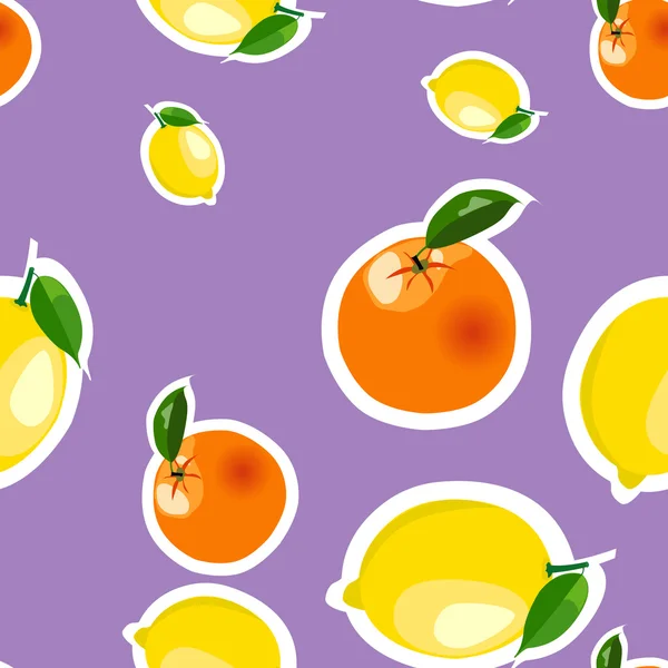 레몬, 오렌지 스티커와 원활한 패턴. 보라색 배경에 고립 된 과일 — 스톡 벡터