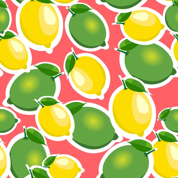 Patrón sin costuras con limones grandes y limas con hojas. Fondo rojo . — Vector de stock