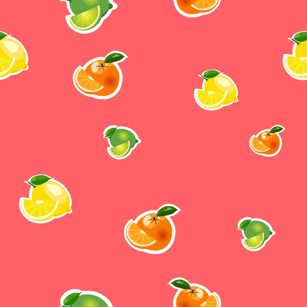无缝模式与小柠檬，橙，石灰与切片。孤立的红色背景上的水果 — 图库矢量图片