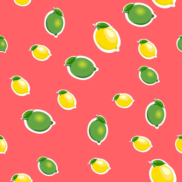Seamless pattern with small lemons and limes with green leaves. Red background. — Stock Vector