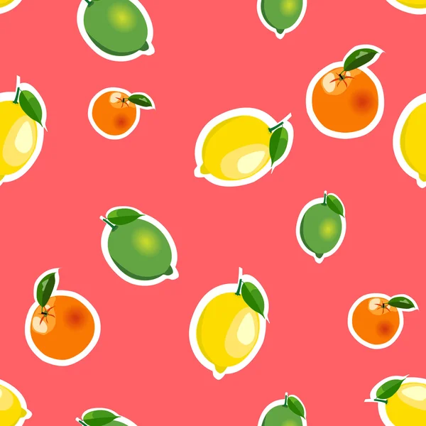 Padrão sem costura com limão, laranja, limão. Frutas isoladas sobre fundo vermelho — Vetor de Stock