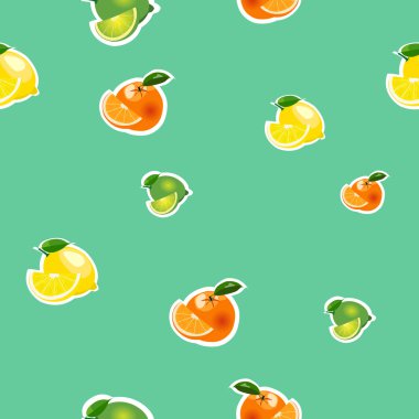 Küçük limon, portakal, dilimler ile kireç ile Dikişsiz desen. Turkuaz bir arka plan üzerinde izole meyve